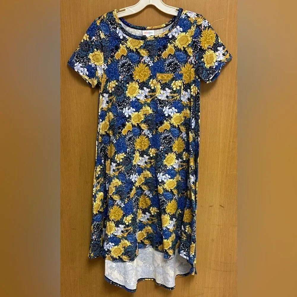 LuLaRoe XXS Carly Blue Gold Floral Knit Crewneck Short Sleeve High Low Dress